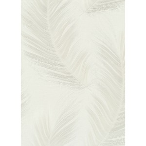 Beige Vliestapete Aurora Trace mit stilisierten Federn und Glitzereffekt.