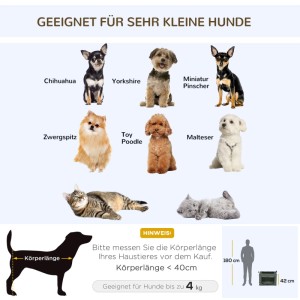 PawHut Hundetasche Größenratgeber zeigt kleine Hunde (Chihuahua, Yorkshire, Zwergspitz, Pudel, Malteser) & Katzen. Max. 4 kg, 40 cm Körperlänge.