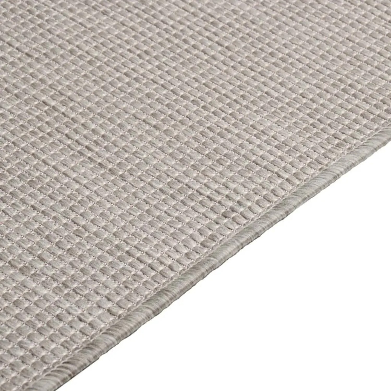 Hellgrauer vidaXL Outdoor-Teppich Flachgewebe. Gewebte Struktur und Randdetail.