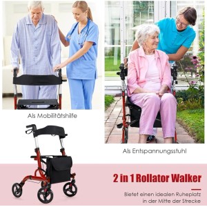 Costway Rollator Faltbar und Leicht 2-In-1 Ruhestuhl & Reiserollator Rot