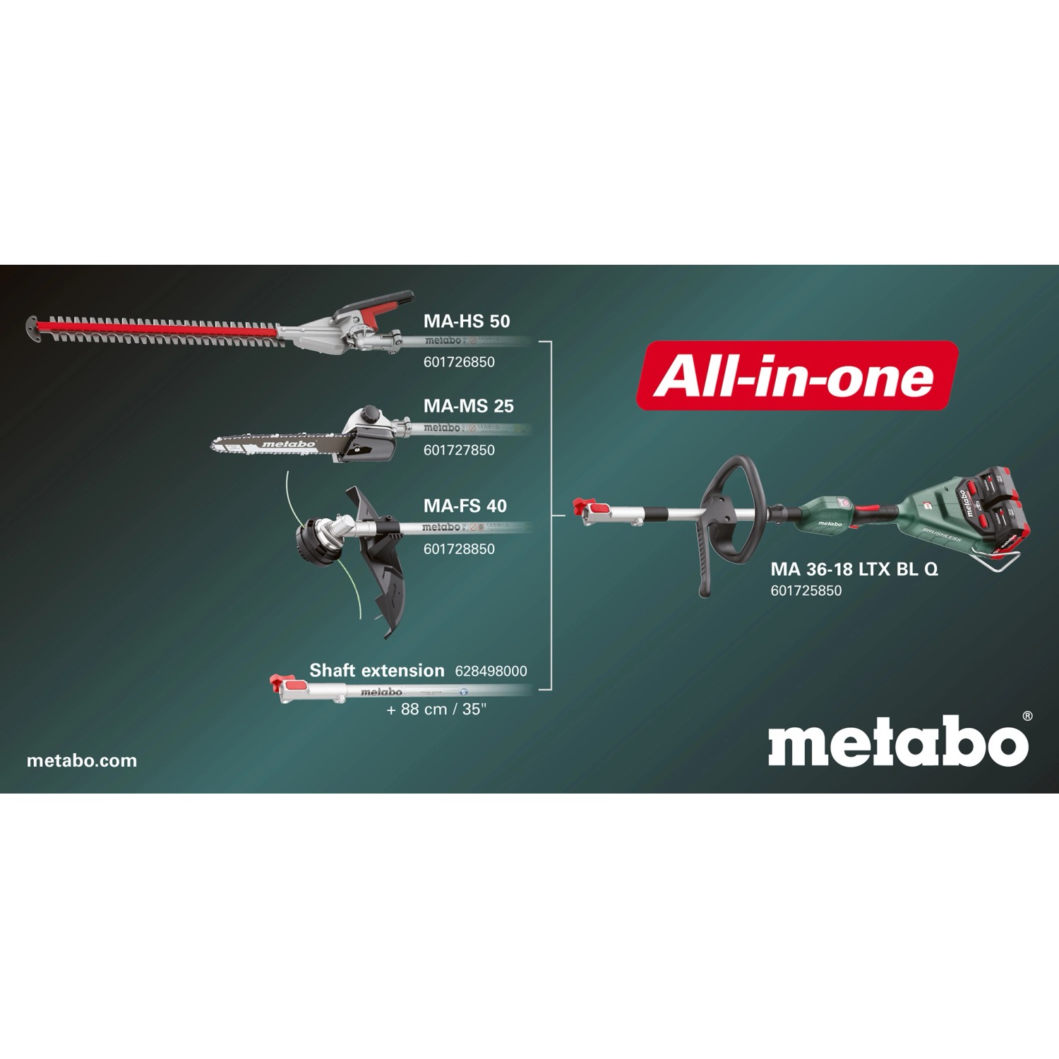 Metabo Multifunktionssystem mit Hochentaster, Heckenschere, Motorsense und Verlängerung.