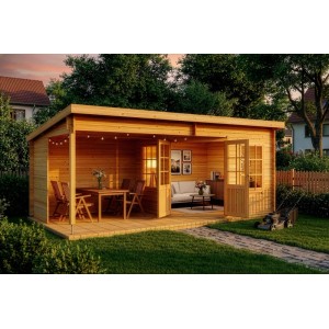 Carlsson Gartenhaus Carl-28 mit Pultdach, imprägniert, 578x274 cm, mit Möbeln und Gartengerät