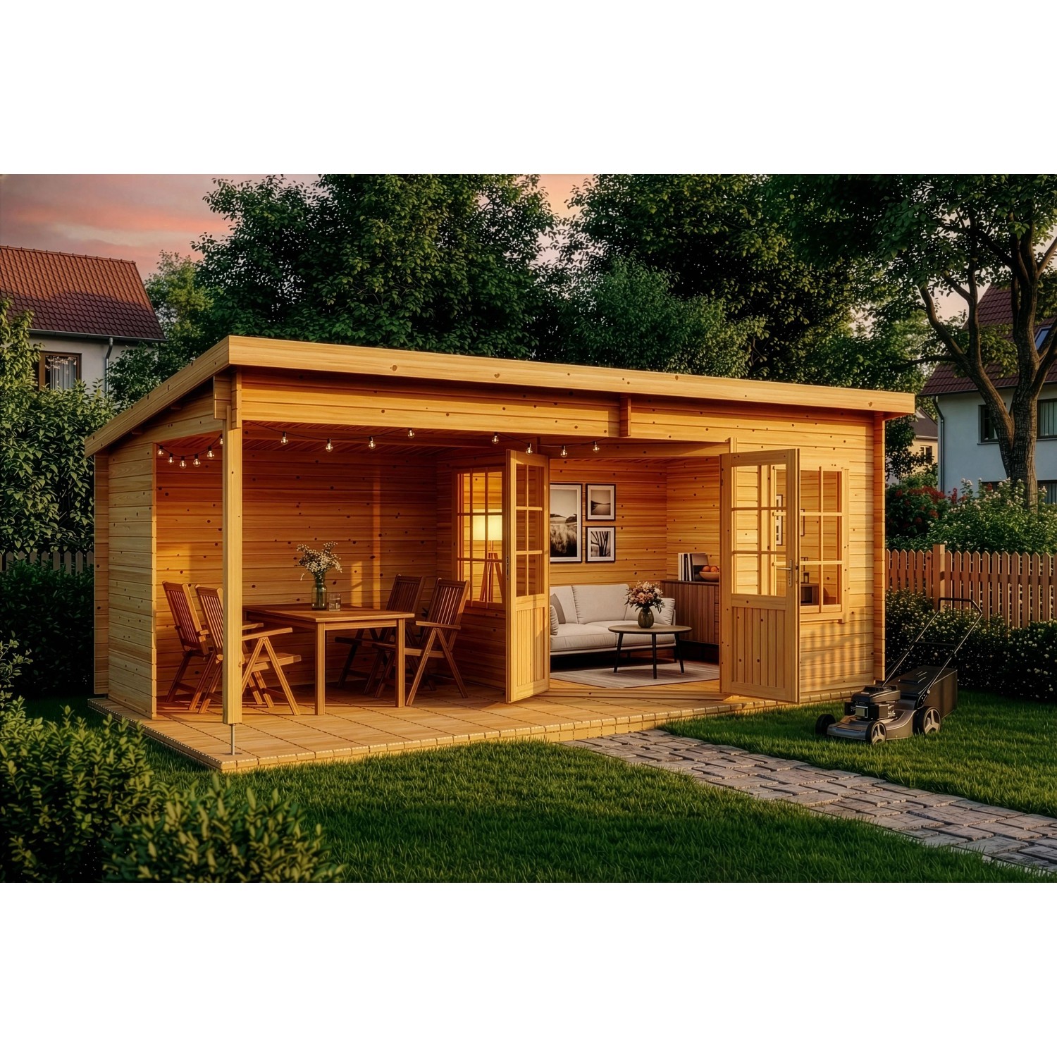 Carlsson Gartenhaus Carl-28 mit Pultdach, imprägniert, 578x274 cm, mit Möbeln und Gartengerät