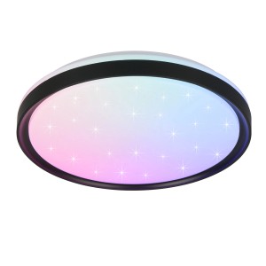 Schwarze, runde LED-Deckenleuchte Solit mit Farbwechsel und Sternenmuster.