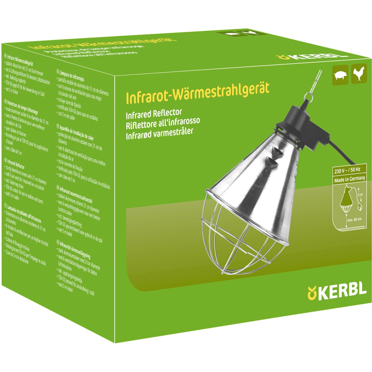 Infrarot-Wärmestrahler 230V für Geflügel, mit Schutzgitter und Kabel.
