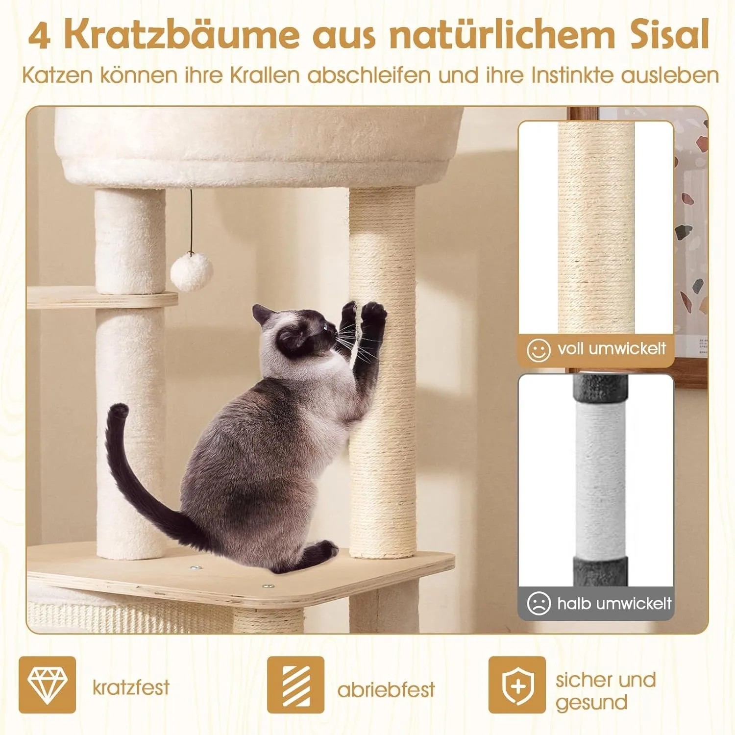Costway Katzenmöbel Kletterbaum Katzenbaum mit Kratztonne Natur 143 cm_5