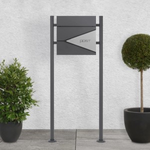 ML-Design Standbriefkasten in Anthrazit-Silber mit Zeitungsfach und anthrazitfarbenem Ständer.