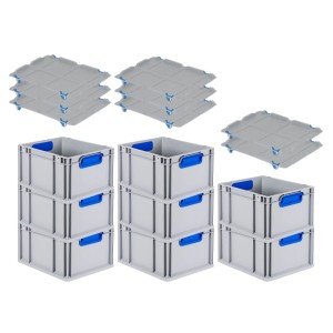 PROREGAL Spar Set: 8 graue Euroboxen mit blauen Griffen und Auflagedeckel, gestapelt.