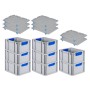PROREGAL Spar Set: 8 graue Euroboxen mit blauen Griffen und Auflagedeckel, gestapelt.