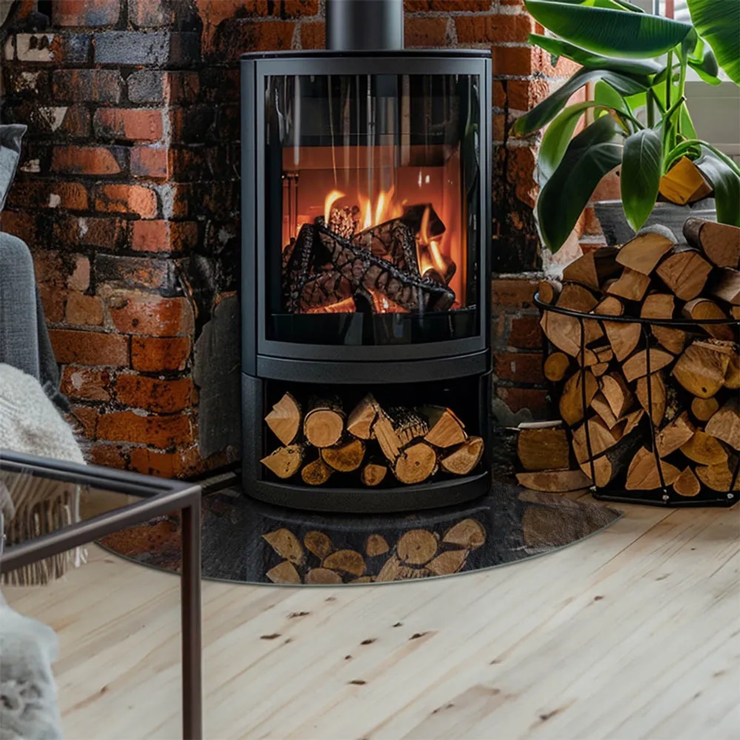 Schwarze Tulup Glasplatte (100x100 cm) unter Kaminofen mit Holz. Funkenschutz für Boden.