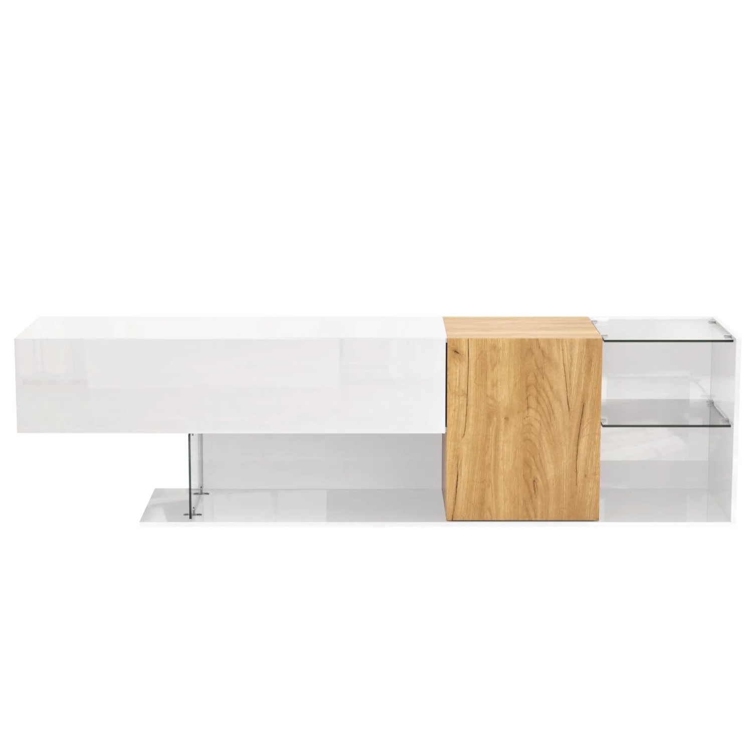 okwish TV Schrank mit Hochglanz Weiß Holzoptik Glas Stauraum 180×38×48cm Weiß