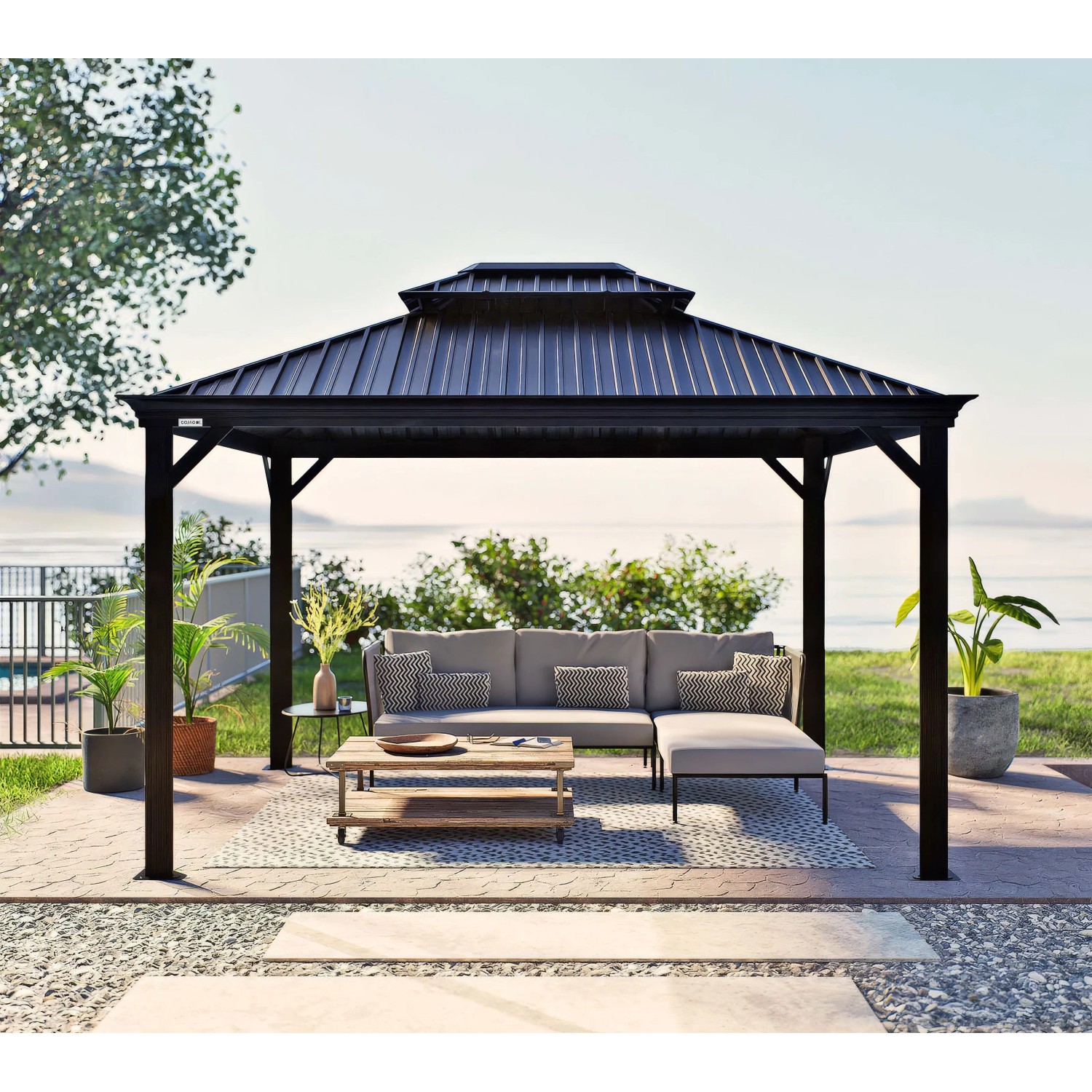 Sojag Aluminium Pavillon Messina 10x12 Anthrazit mit Stahl Dach und Moskitonetz.