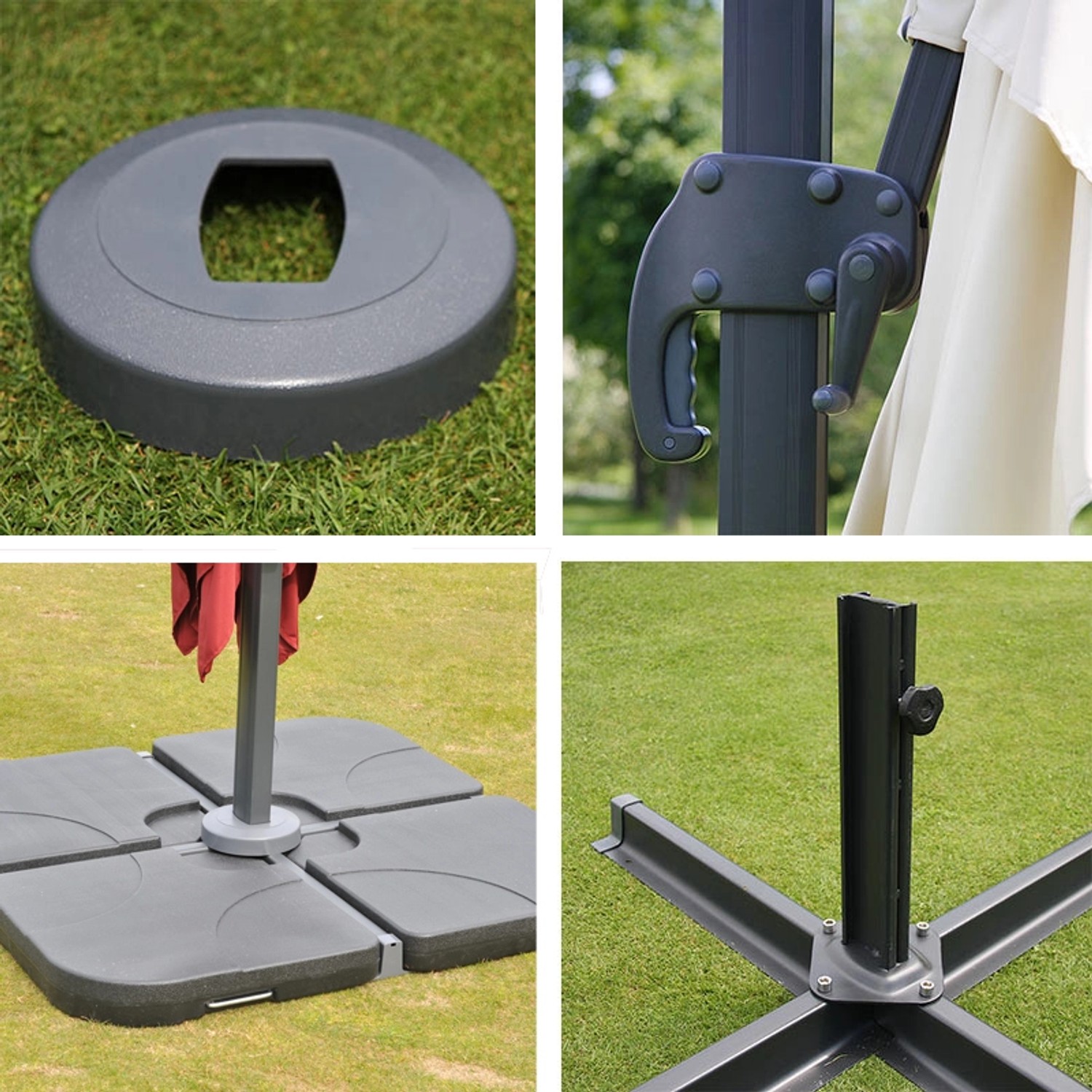 Details des MCW Ampelschirm A96: Ständer, Kurbel, Bodenkreuz für sicheren Halt des Schirms.