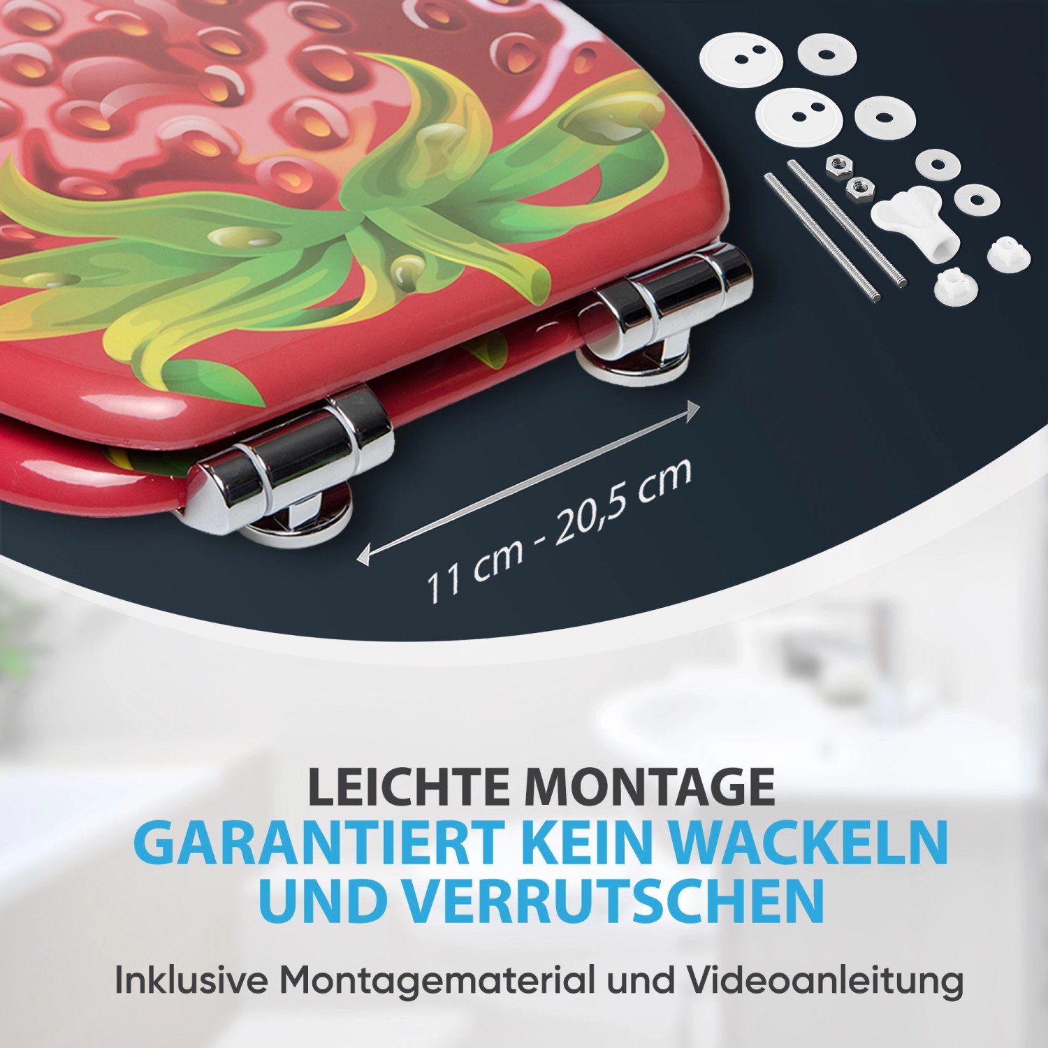 Sanilo WC-Sitz Strawberry mit Absenkautomatik, Holz, Erdbeer-Design und Montagematerial.