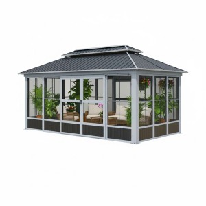 Sojag Pavillon Olan 1017, grau-schwarz, mit Doppeldach, Schiebetüren und Folienfenstern.