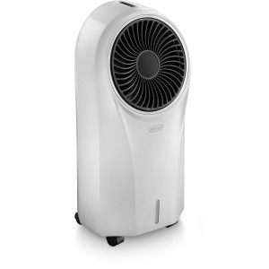 Weißer DeLonghi Ventilatorkühler EV250 mit Ionisator und Rollen.