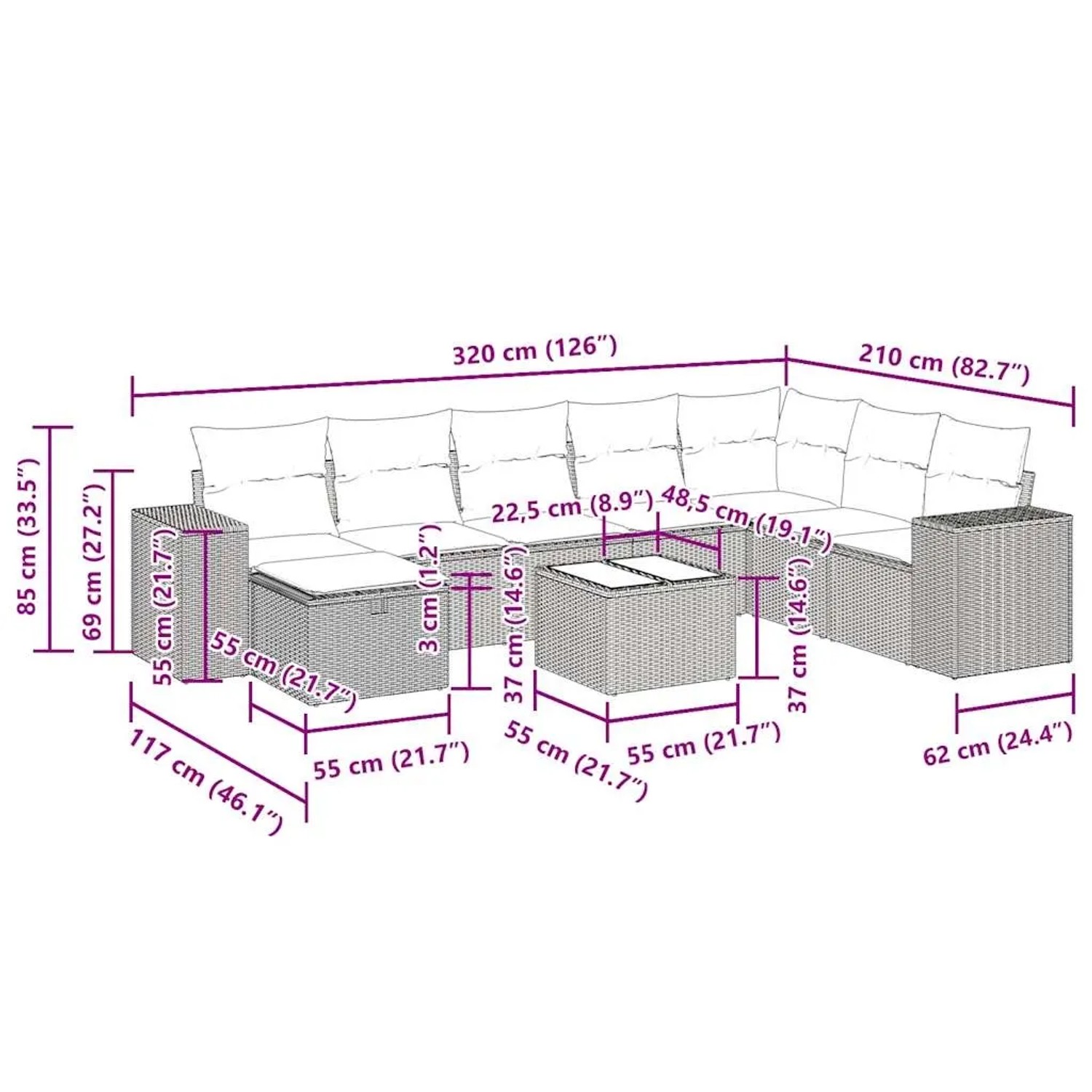 vidaXL 9-tlg. Garten-Sofagarnitur Beige Poly Rattan mit Maßen und Kissen.