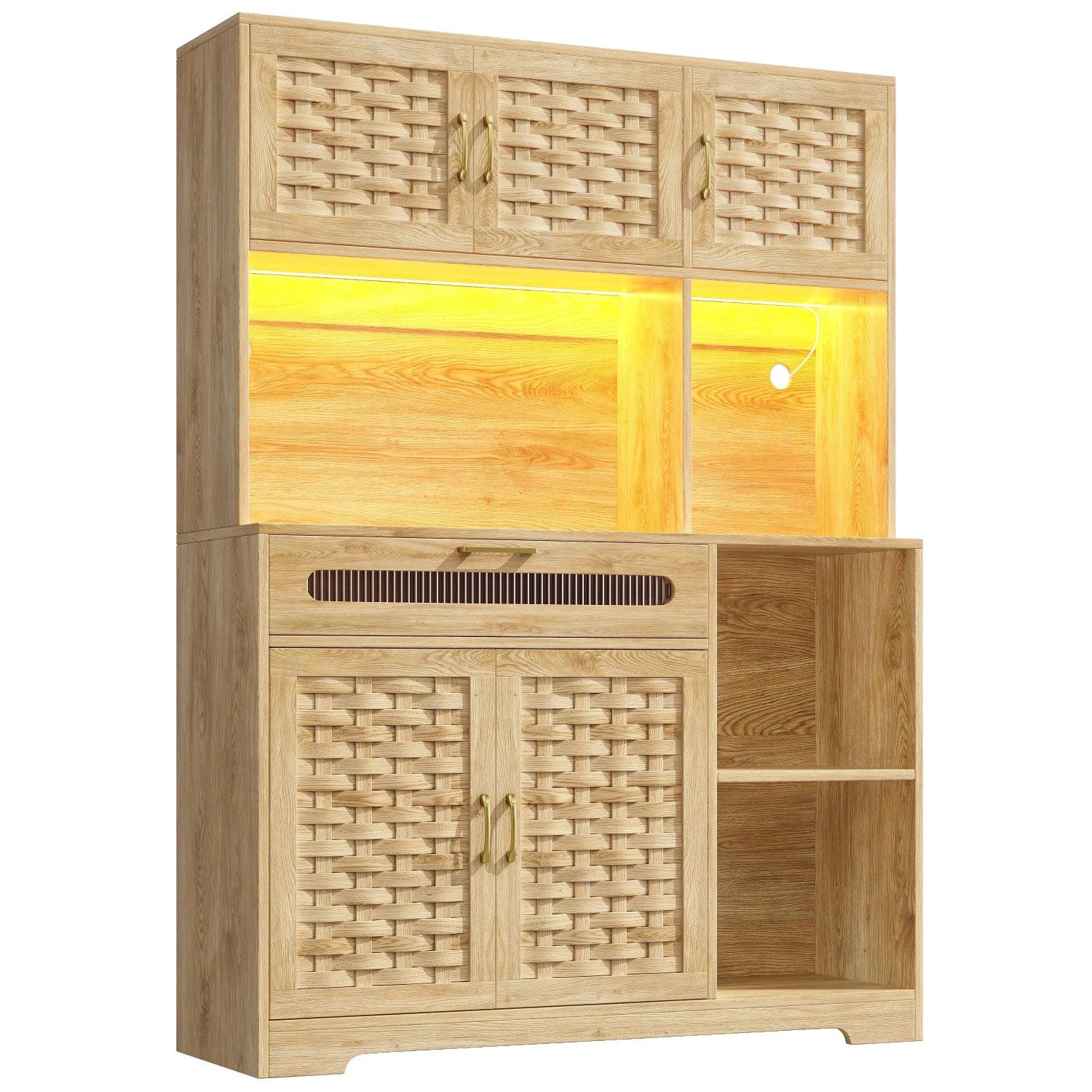 okwish Hochschrank mit LED-Beleuchtung Gewebten Türen Schubladen 120 x 40 x 180 cm Natur