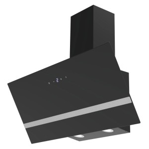 Schwarze Respekta Hera Kopffreihaube 90 cm mit Glasfront, Touch-Steuerung, LED-Beleuchtung und silbernem Zierstreifen.