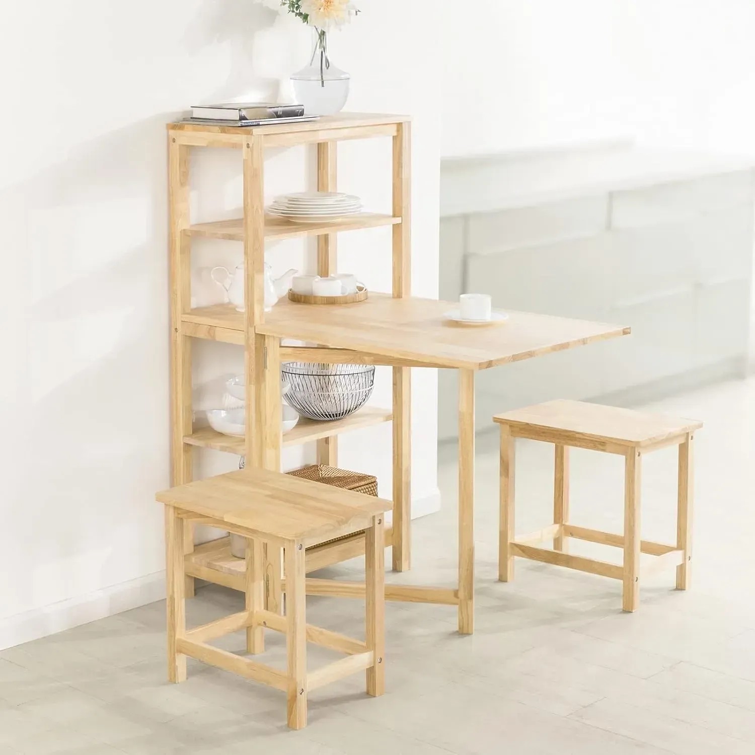 SoBuy Esstisch FWT70-N mit Regalen, klappbarer Tisch aus Naturholz mit zwei Hockern.