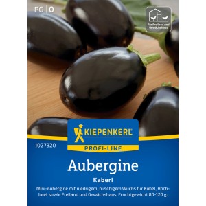Kiepenkerl Aubergine Kaberi: Purpurfarbene Auberginen auf Holzgrund, geeignet für Freiland und Gewächshaus.