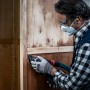 Mann schleift Holzschrank mit Bosch Deltaschleifer und Schleifblatt C470 K240.