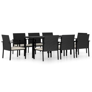 vidaXL 9-tlg. Garten-Essgruppe aus Poly Rattan, schwarz, mit Tisch und 8 Stühlen mit cremefarbenen Kissen.