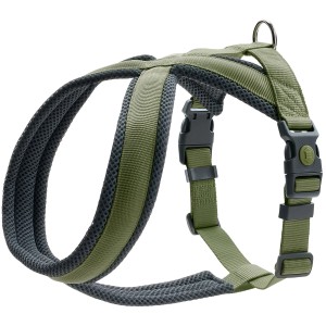 Olivfarbenes Hunter Hundegeschirr London Comfort, Größe S-M, mit weicher Polsterung und verstellbaren Gurten.