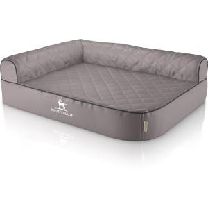 Graues Knuffelwuff Eck Hundebett Winslow XXL aus Kunstleder, orthopädisch mit Lehne links.