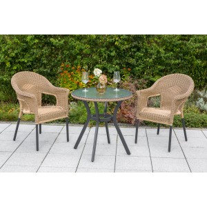 Merxx Ravenna 3-tlg. Gartenmöbel-Set mit 2 Stapelsesseln und rundem Tisch (Ø 70cm) in Natur.