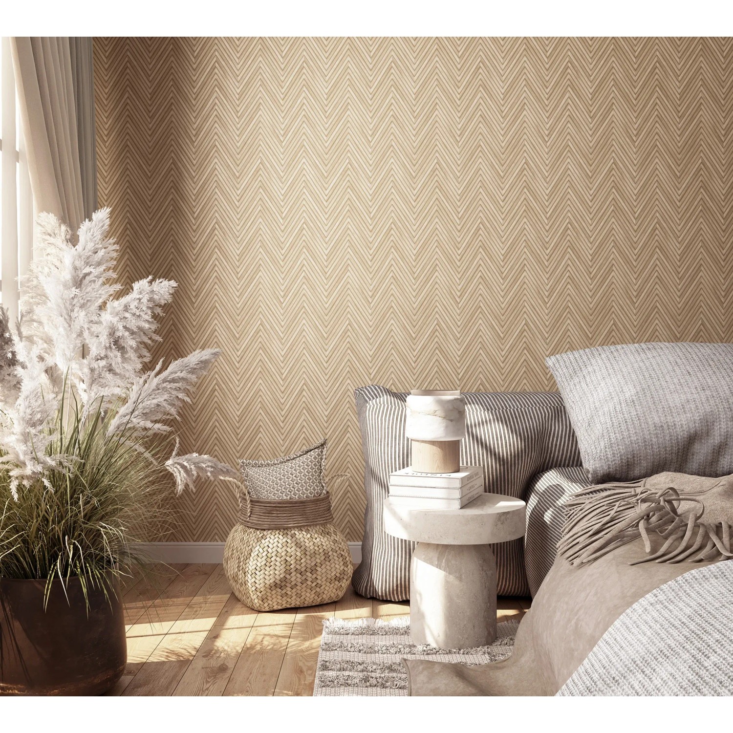 Beige Vliestapete mit modernem Fischgrätmuster in Holzoptik von Marburg.