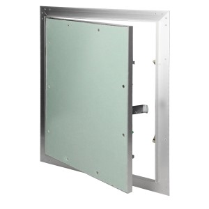 Offene ECD Germany Revisionsklappe 400x600 mm mit Gipskarton-Einlage und Aluminiumrahmen.