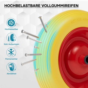 Wiltec Schubkarren PU Rad 3.50-8, pannensicher. Gelb-roter Vollgummi Reifen, robust & wartungsfrei. Ideal für Transport.