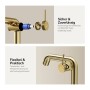 Emke Waschtischarmatur in Champagnergold, Details zu Keramikventil und Bedienung.