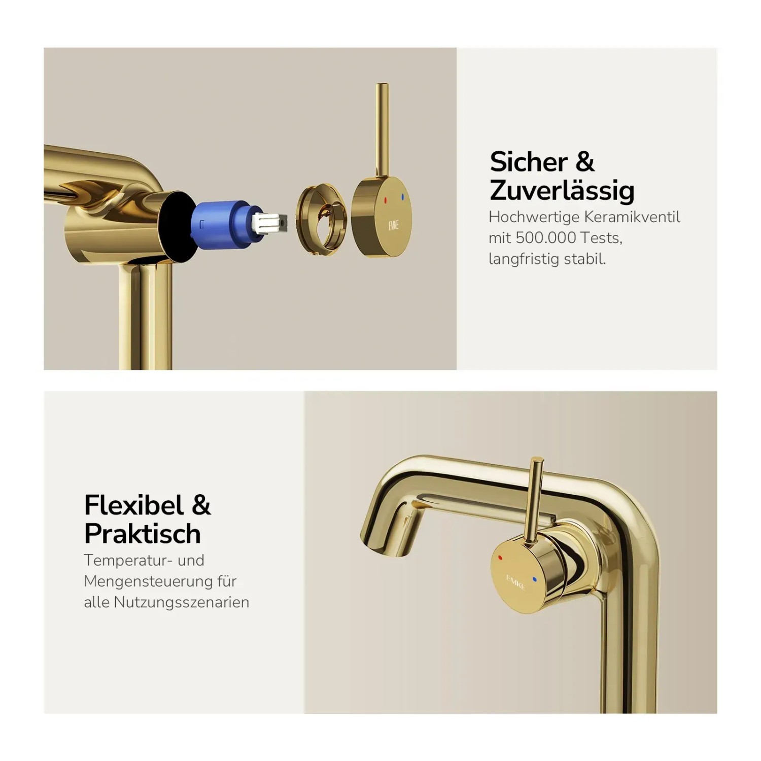 Emke Waschtischarmatur in Champagnergold, Details zu Keramikventil und Bedienung.