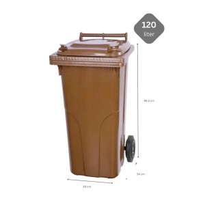 Braune 120 Liter Mülltonne aus HDPE-Kunststoff mit Rädern.
