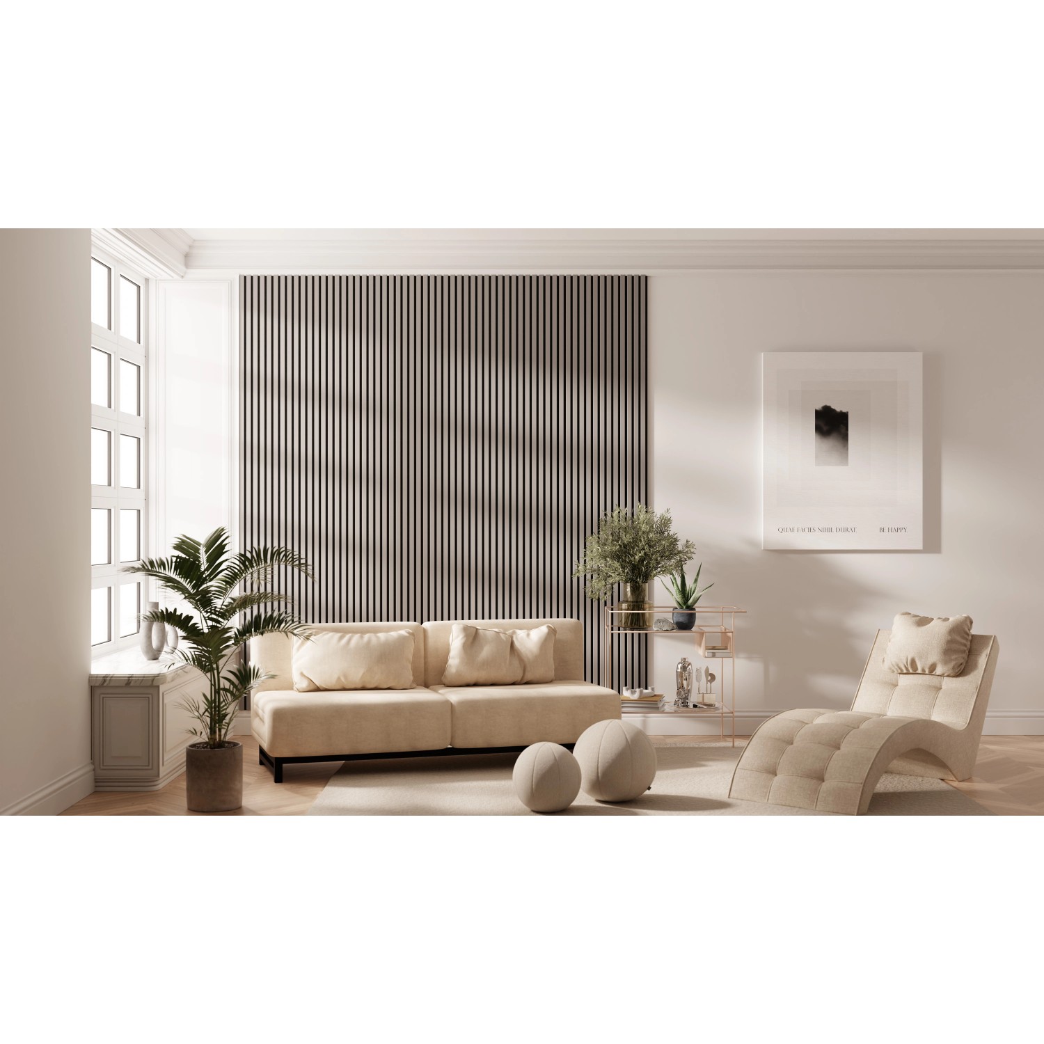 Sandgraues Akustikpaneel-Muster mit schwarzem Filz an Wand in Wohnraum.