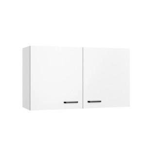 Weißer OPTIFIT Küchen-Hängeschrank Bonn214, 100 cm breit, mit zwei Türen und satingrauen Griffen.