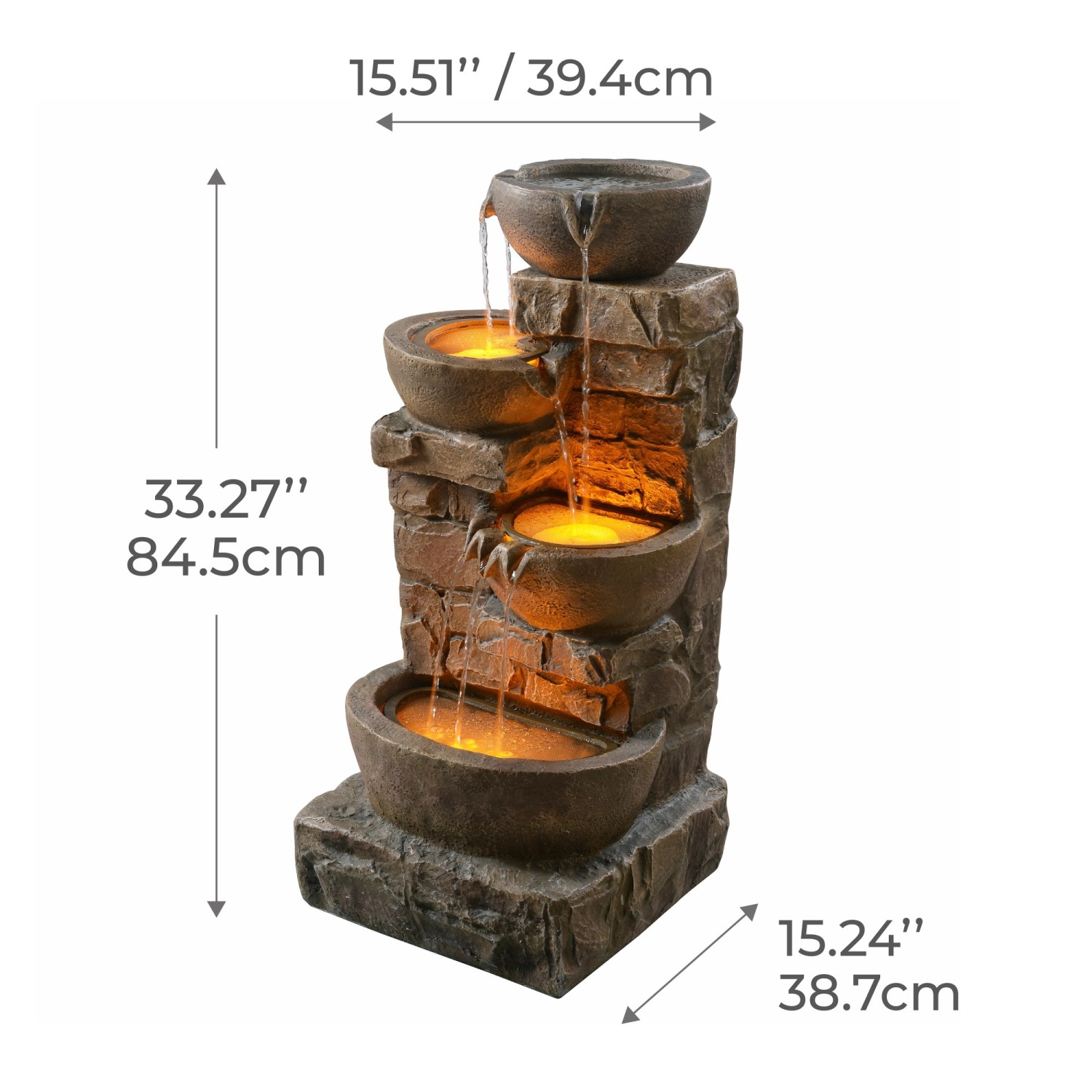 Brauner Teamson Home Gartenbrunnen mit LED-Beleuchtung und kaskadierenden Schalen.