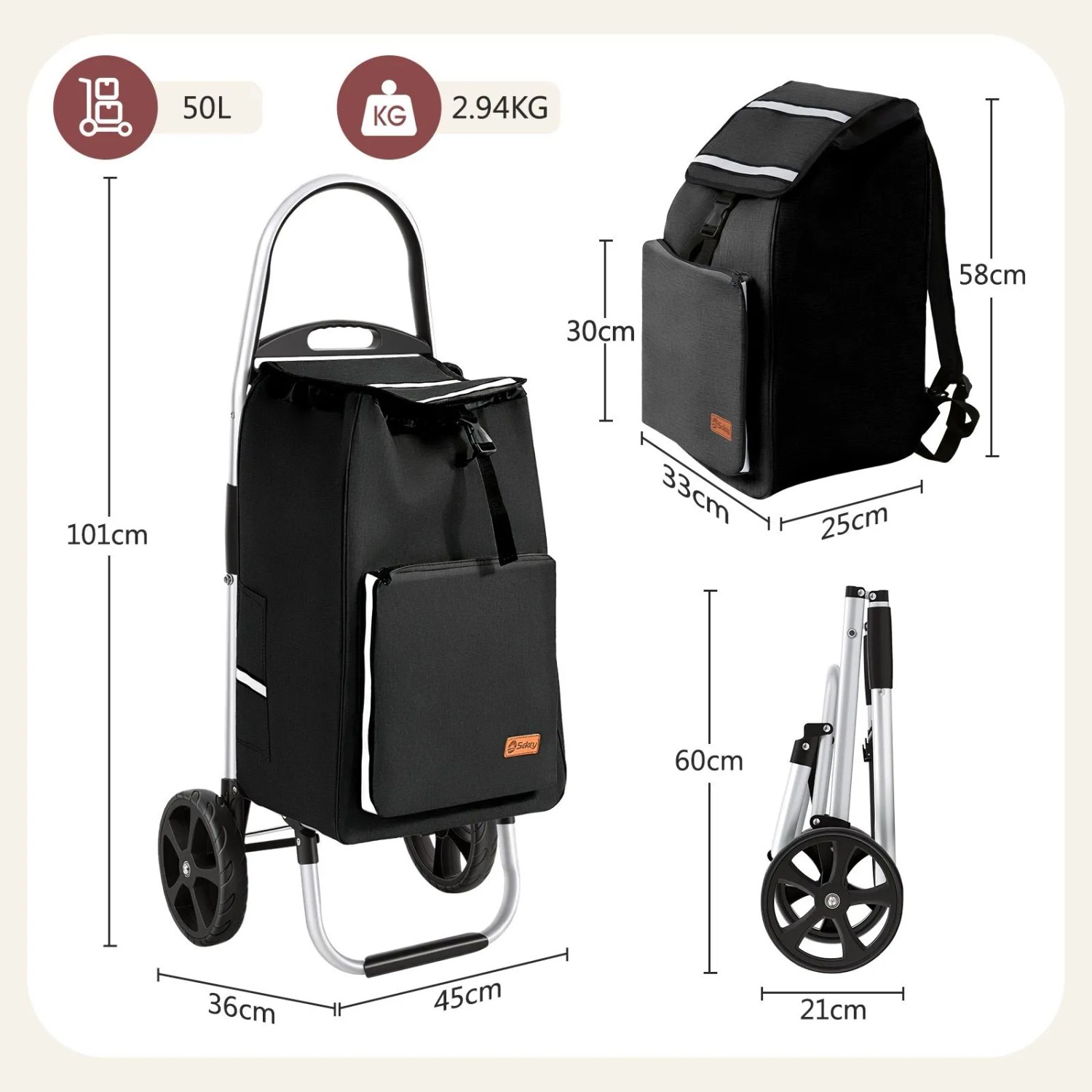 Sekey Einkaufstrolley mit Kühlfach, 50L, als Rucksack nutzbar, Aluminiumrahmen, schwarz.