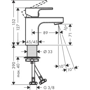Technische Zeichnung: Hansgrohe Vernis Shape 70 Waschtischarmatur, matt schwarz, mit Maßangaben.