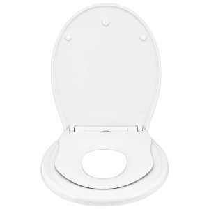 Weißer Banjado Familien WC-Sitz mit Baumstamm Motiv und integriertem Kindersitz, geöffnet.