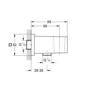 Technische Zeichnung: Grohe Wandanschlussbogen Euphoria Cube, Chrom, mit Maßangaben.