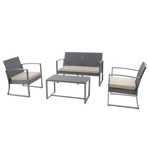 Svita Lois XL Polyrattan Sitzgruppe, grau/beige, mit Tisch, 2 Sesseln und 2er-Sofa.