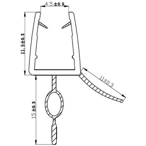 Technische Zeichnung einer Bodendichtleiste für 5 mm Duschkabinen, Maße sind angegeben.