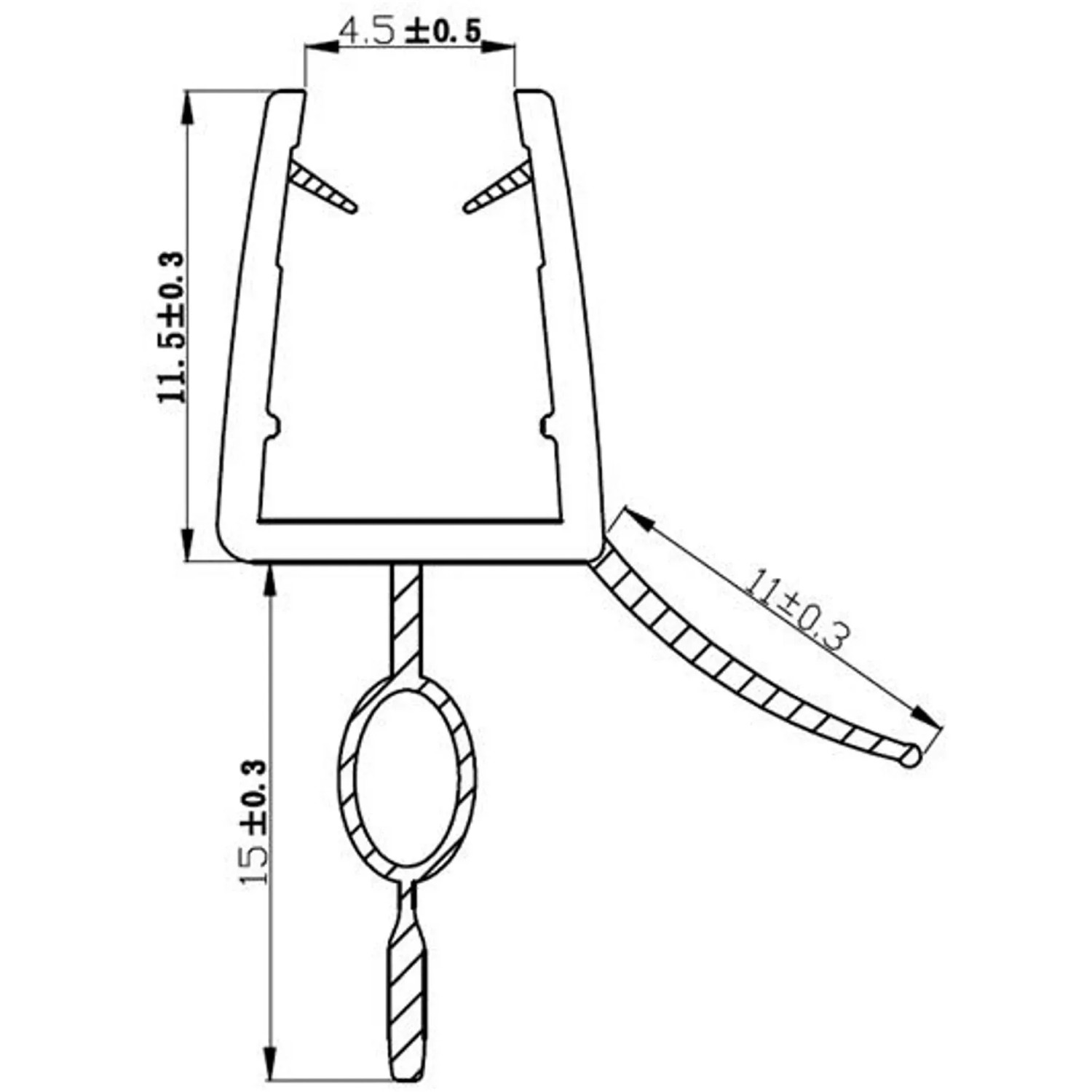 Technische Zeichnung einer Bodendichtleiste für 5 mm Duschkabinen, Maße sind angegeben.