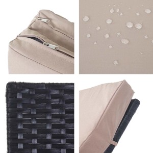 MCW Sonnenliege: Beiges Kissen mit Reißverschluss, wasserabweisender Stoff und anthrazitfarbenes Poly-Rattan-Geflecht.