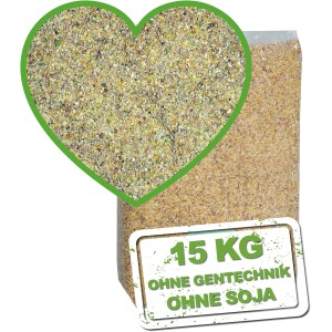 MeineHennen Küken Vital 15kg: Premium Kükenfutter mit Hirse und Leinsamenöl im transparenten Sack.