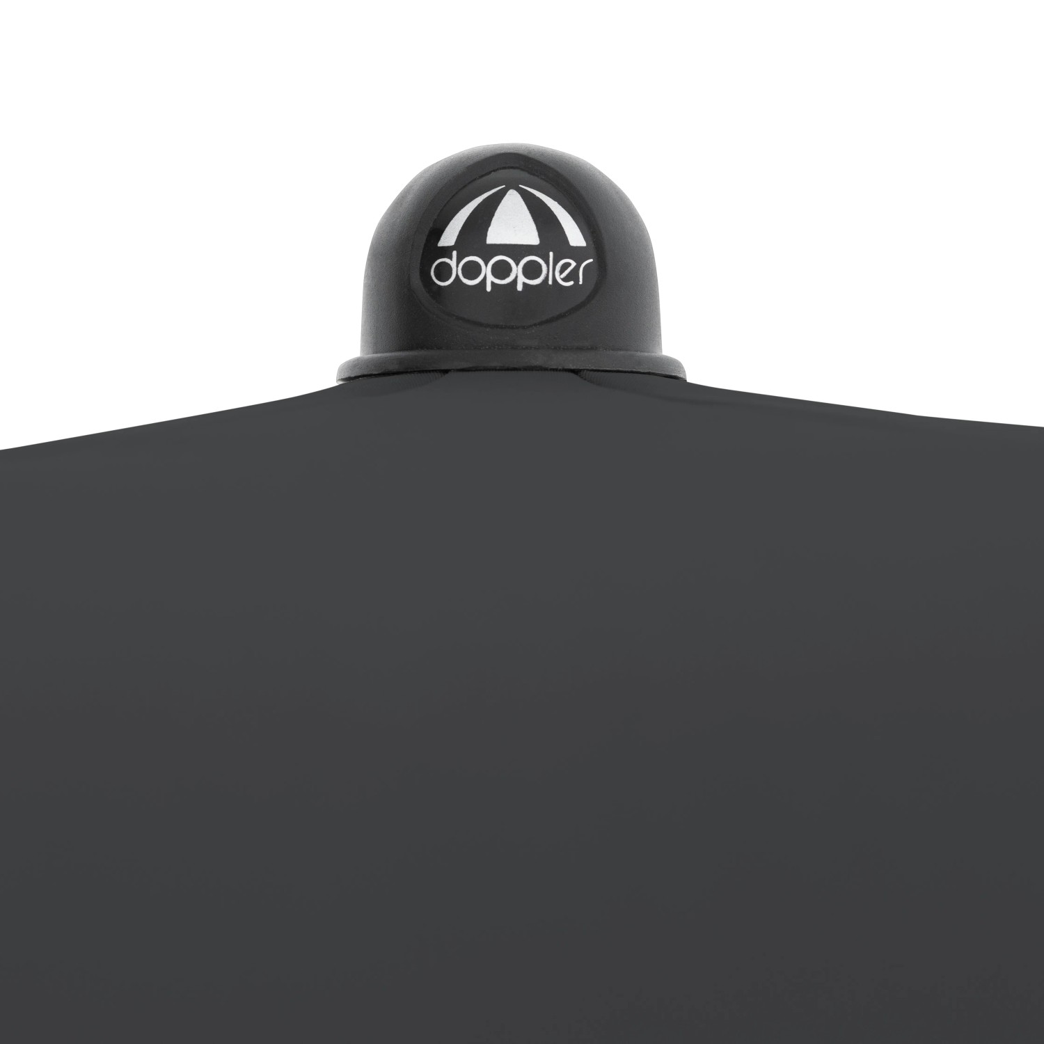 Detailaufnahme: Anthrazitfarbener Doppler Marktschirm (Ø 208 cm) mit Logo.
