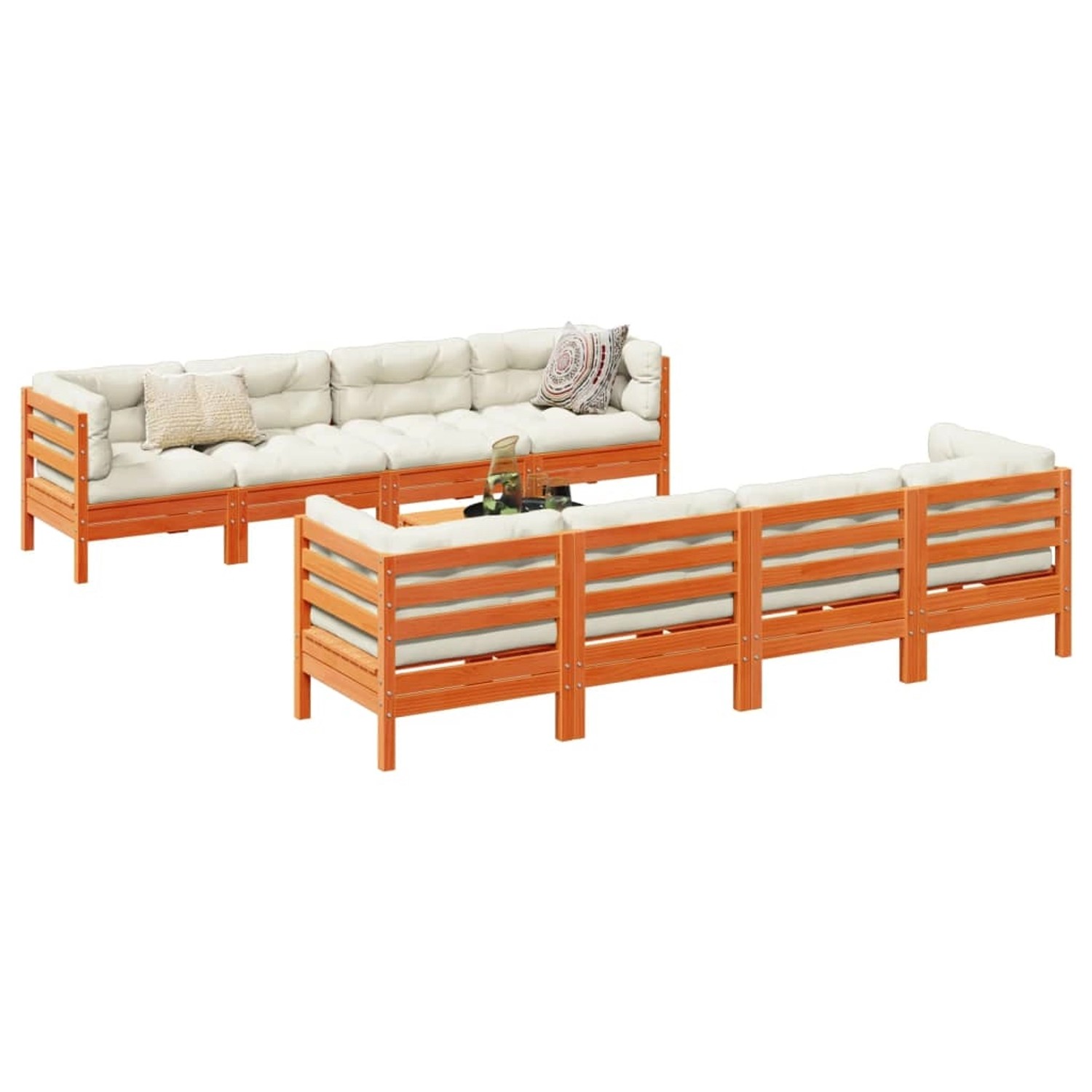 9-teilige Garten-Sofagarnitur aus wachbraunem Kiefernholz mit Kissen.